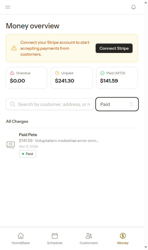 Filtered to show paid charges