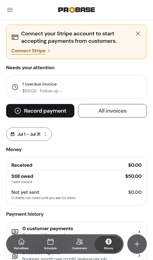 A July range — the overdue row counts only July's invoices