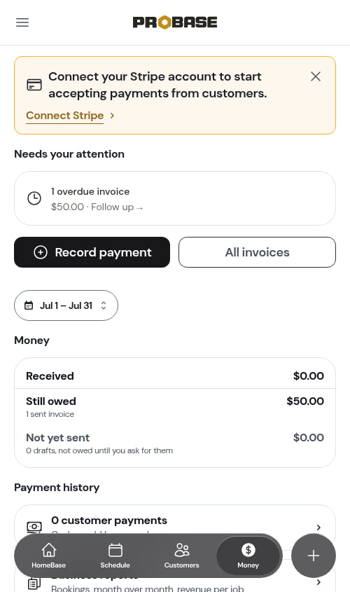 A July range — the overdue row counts only July's invoices