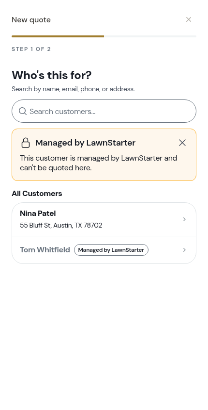 The notice shown when you tap a marketplace-managed customer on a quote
