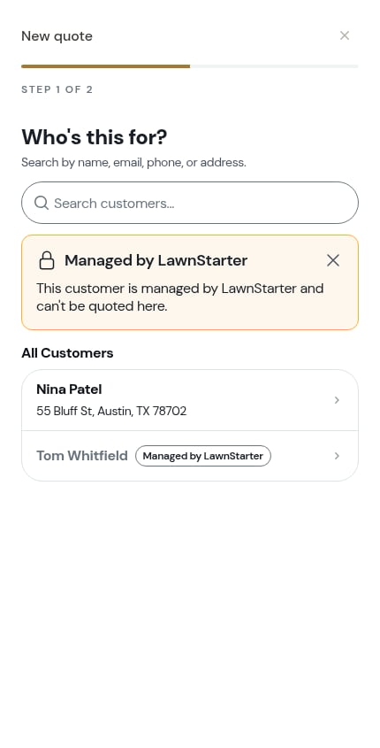The notice shown when you tap a marketplace-managed customer on a quote