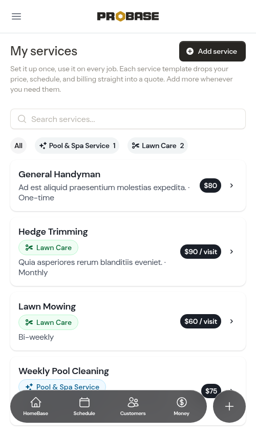 Service catalog with trade chips and filter pills