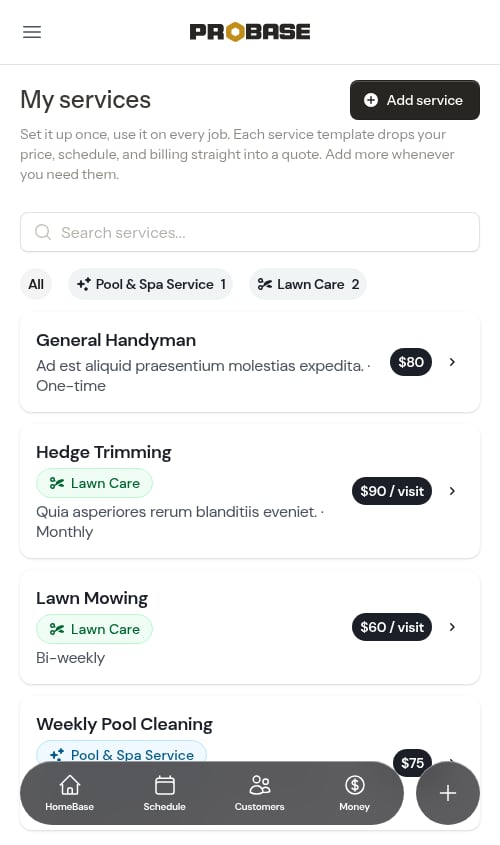 Service catalog with trade chips and filter pills