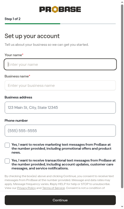 Pro onboarding step with explicit SMS consent checkboxes