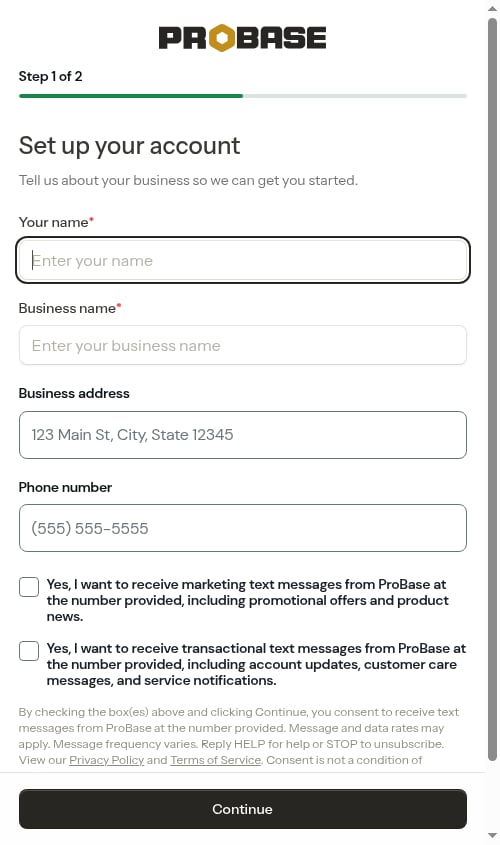 Pro onboarding step with explicit SMS consent checkboxes