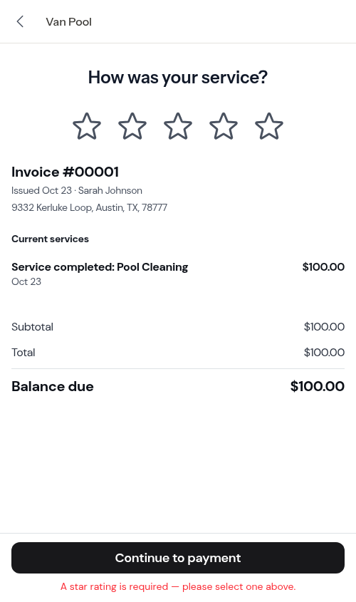 The required-rating message under the Continue to payment button