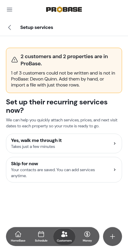 The banner naming a customer who couldn't be added
