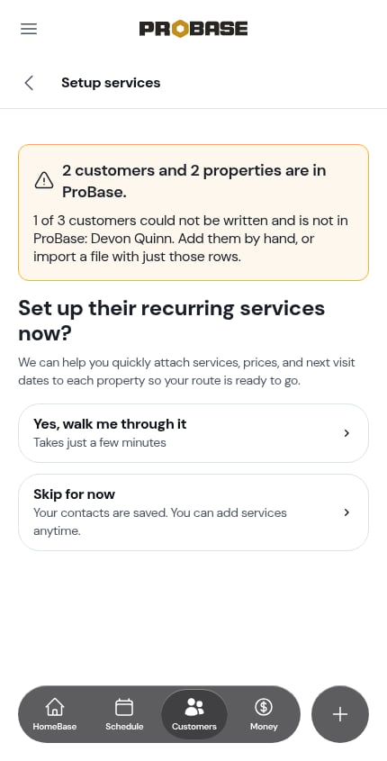 The banner naming a customer who couldn't be added