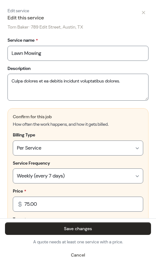 The service editor open on an existing service