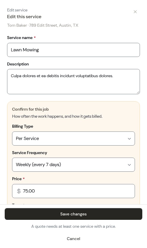 The service editor open on an existing service