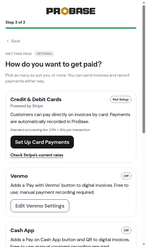 Getting paid step during onboarding