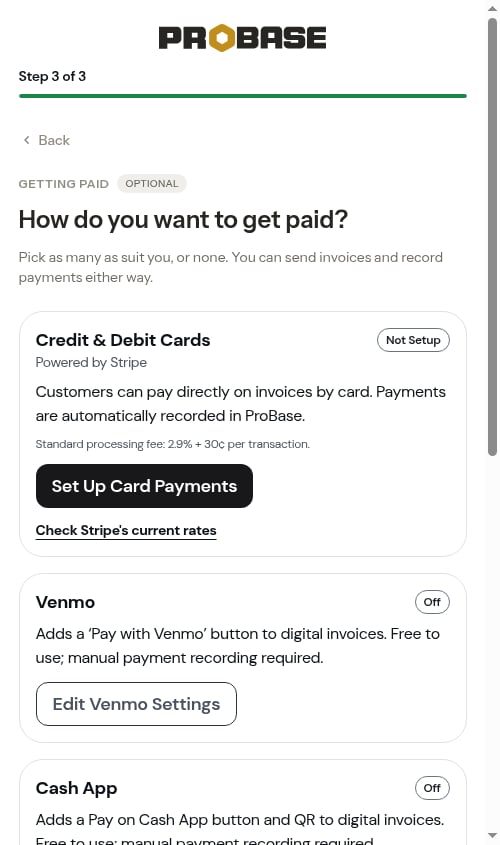 Getting paid step during onboarding