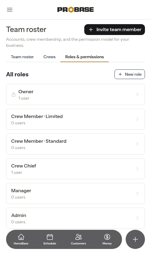 The Roles & permissions screen