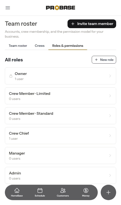 The Roles & permissions screen