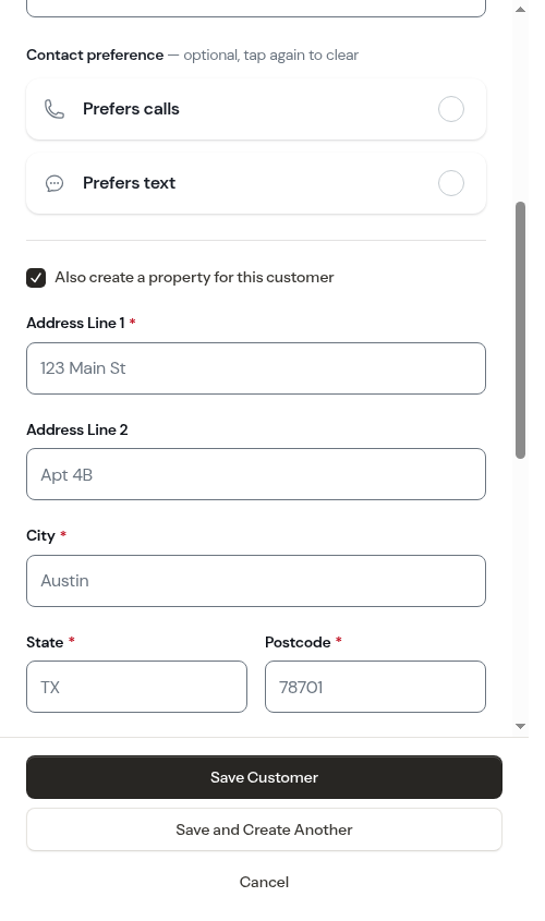 Fresh, empty form ready for the next customer after Save and Create Another