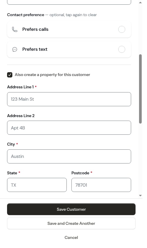 Fresh, empty form ready for the next customer after Save and Create Another