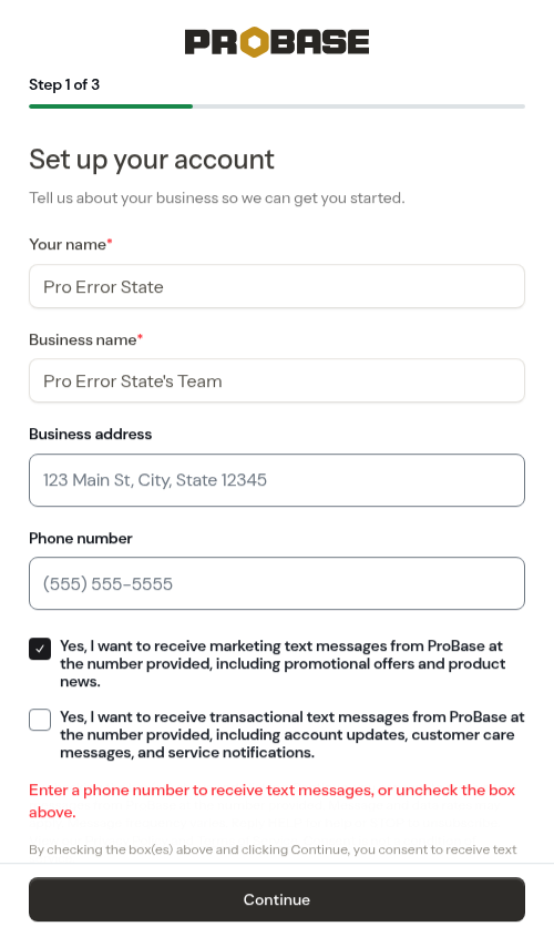 Inline prompt when a consent box is ticked without a phone number
