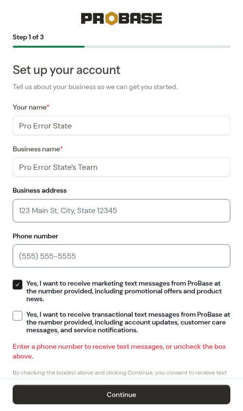 Inline prompt when a consent box is ticked without a phone number