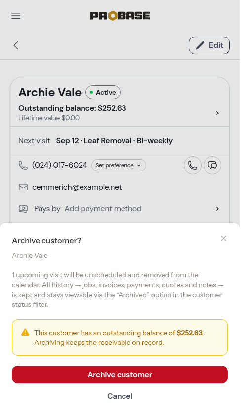 Archive customer confirmation dialog