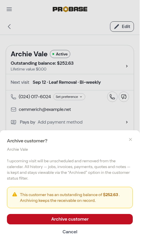 Archive customer confirmation dialog