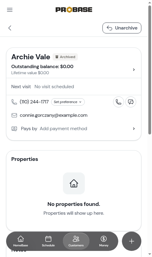 The Unarchive button at the top of an archived customer's page