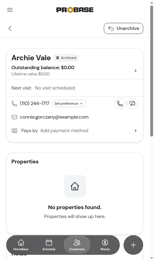 The Unarchive button at the top of an archived customer's page