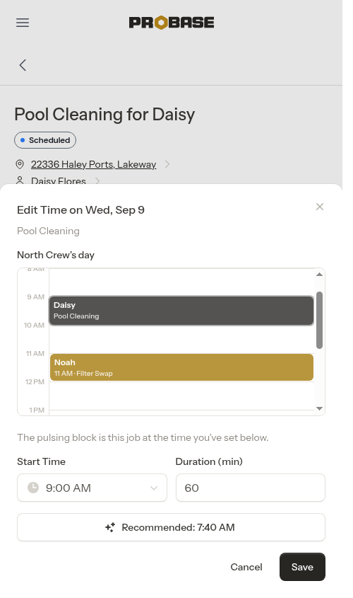 The Edit Time window showing the crew's day on a timeline