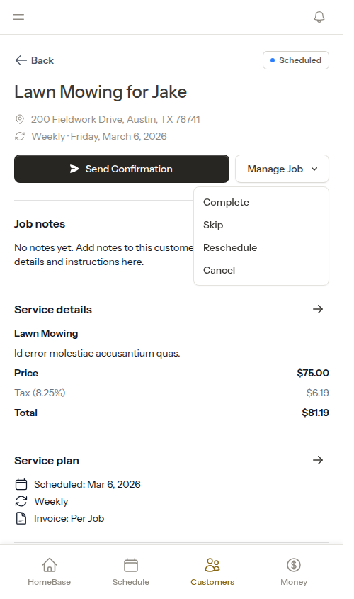 Manage Job menu with Skip option