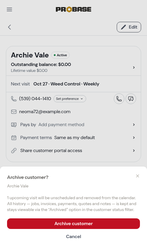 Archive customer confirmation dialog