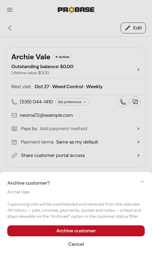 Archive customer confirmation dialog