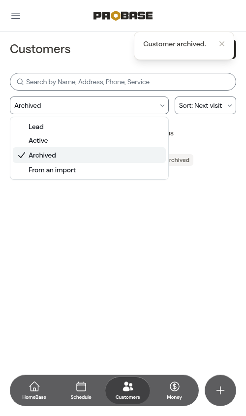 Customer list filtered to show an archived customer