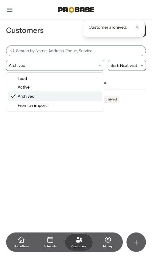 Customer list filtered to show an archived customer