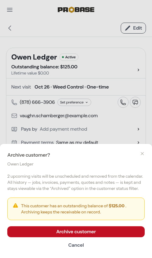 Archive confirmation showing upcoming visits and an outstanding balance warning