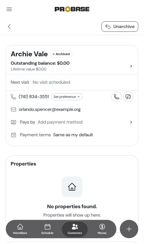 The Unarchive button at the top of an archived customer's page