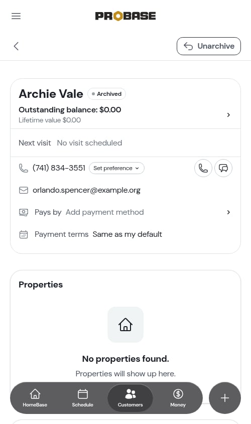 The Unarchive button at the top of an archived customer's page