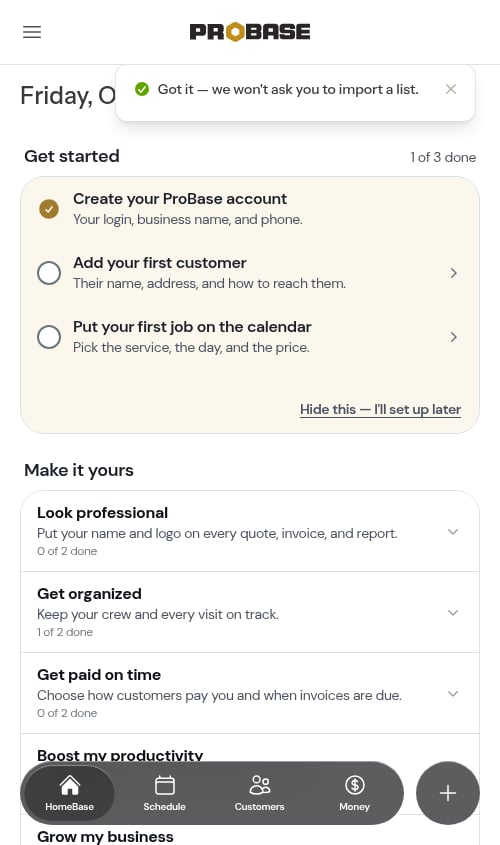 HomeBase after tapping I don't have a list to import