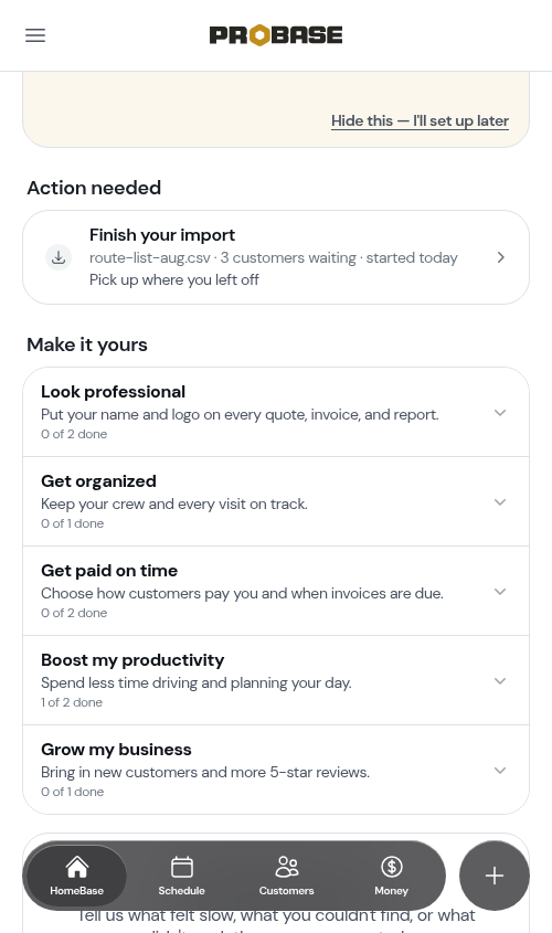 The Finish your import row on HomeBase