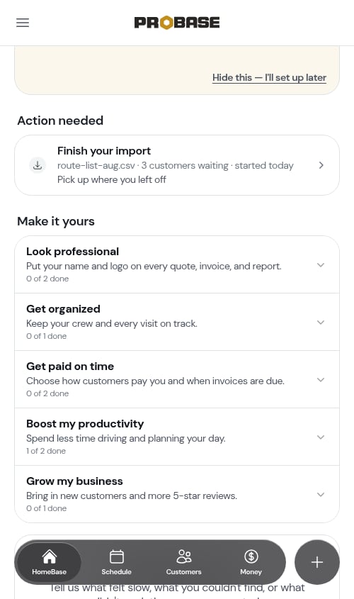 The Finish your import row on HomeBase