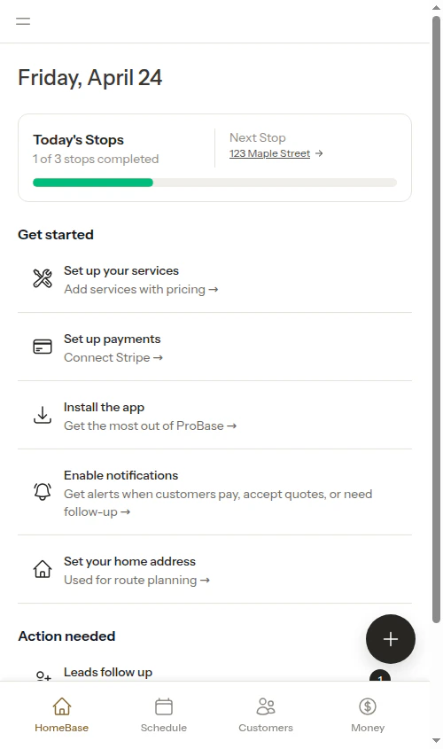 HomeBase dashboard with today's progress
