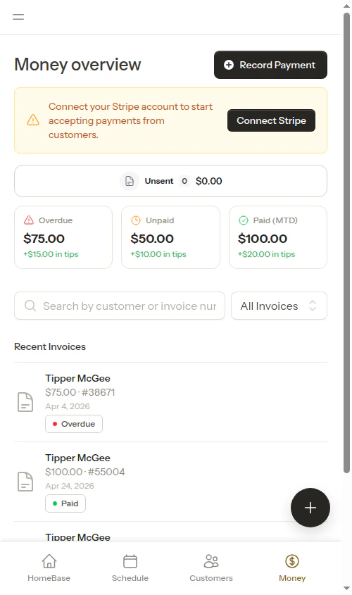 Summary cards with tip rollup amounts