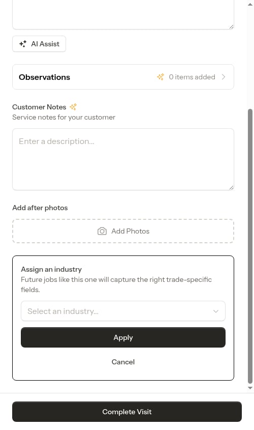 Choosing an industry from the completion prompt