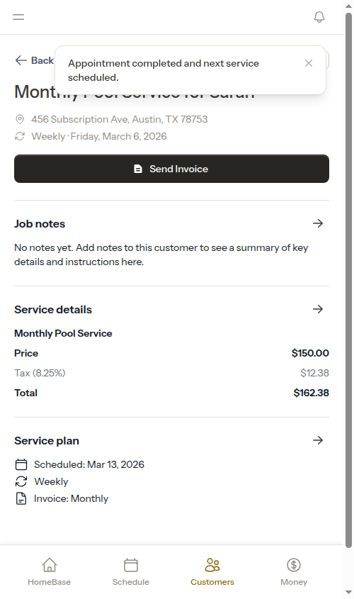 Subscription appointment marked as completed