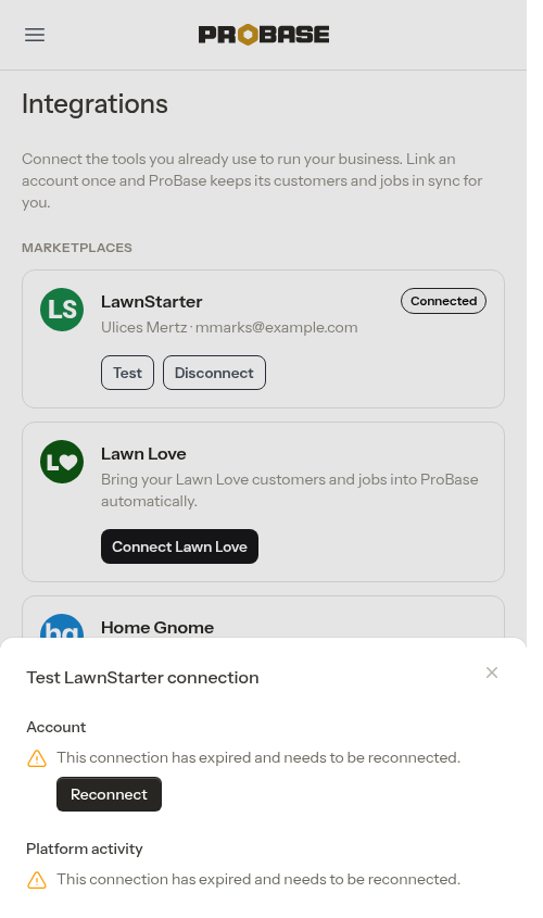 Test connection window showing an expired connection with a Reconnect button