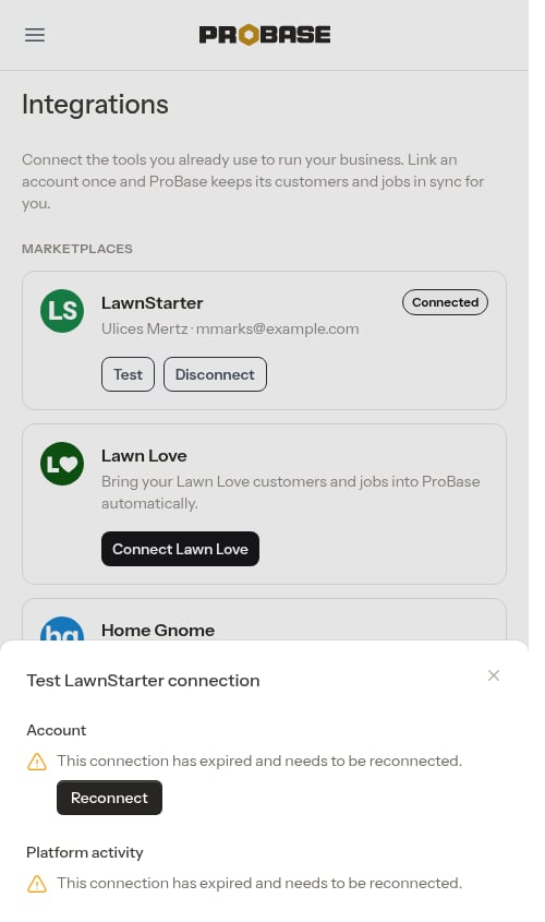 Test connection window showing an expired connection with a Reconnect button