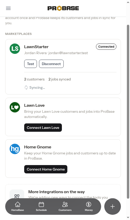 A LawnStarter card mid re-sync, showing Syncing…