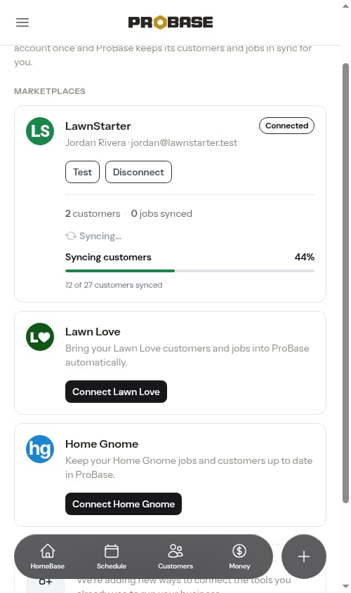 A LawnStarter card mid re-sync with a progress bar reading 12 of 27 customers synced