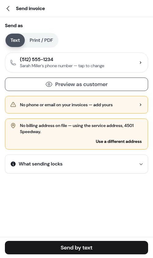 The Send invoice screen