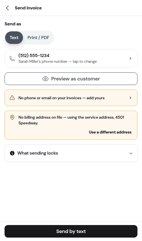 The Send invoice screen