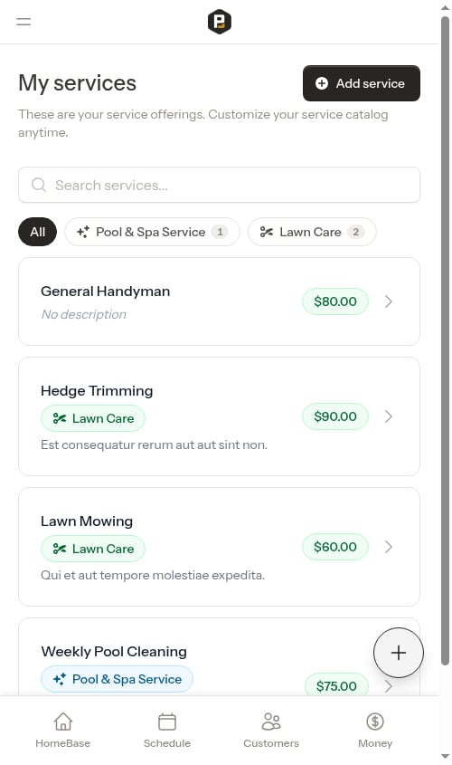 Service catalog with trade chips and filter pills