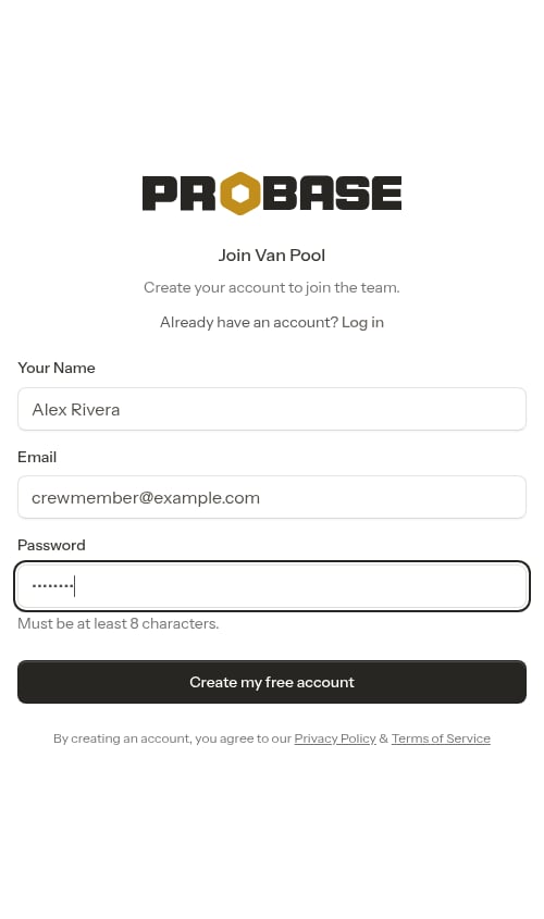 Registration form filled in